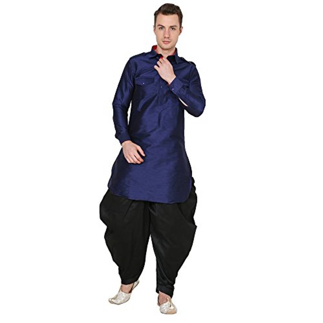 Royal Kurta Men's Silk Blend Pathani Kurta Salwar Set (40, Blue)